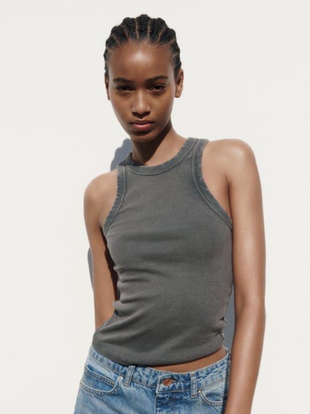 ZARA Dark Gray Distressed Ribbed Sleeveless Tank Top
